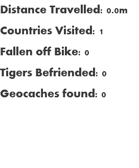 Distance Travelled: 0.0m
Countries Visited: 1
Fallen off Bike: 0
Tigers Befriended: 0
Geocaches found: 0
